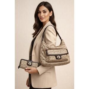 Coach Penelope Signature Hobo Bag + Wallet Bundle Vintage Turn Lock Beige Brown